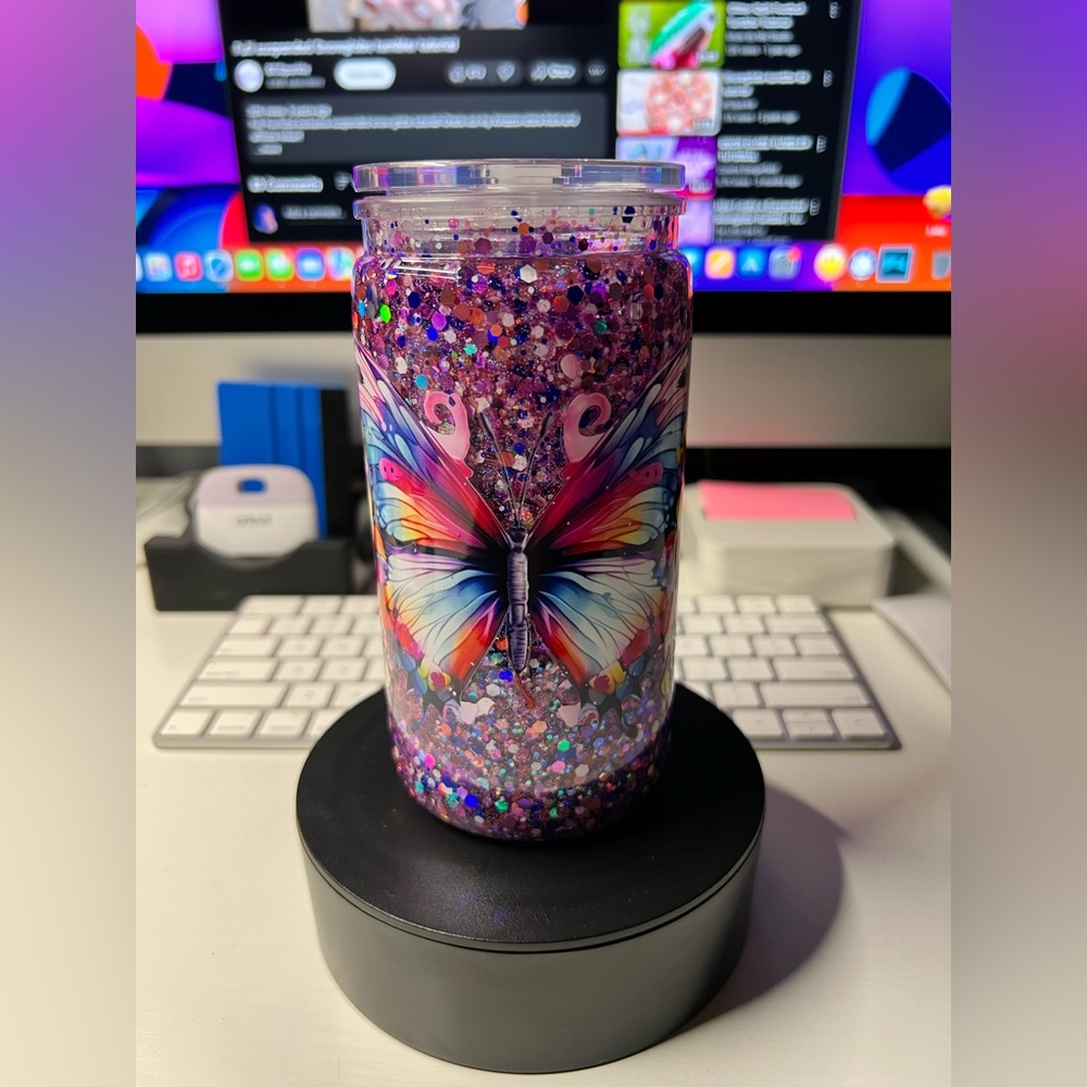 Colorful Butterfly Glitter Snow Globe Tumbler